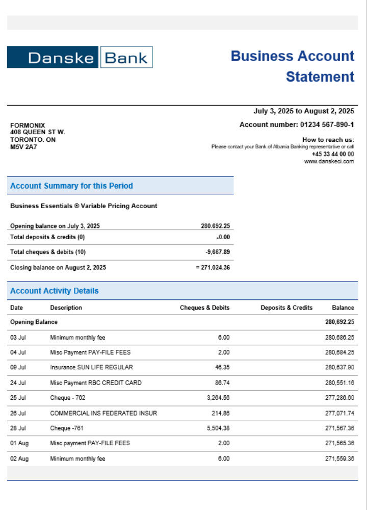 Download Danskebank business organization checking  statement Word and PDF format Photoshop template